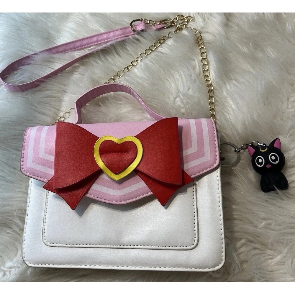 Sailor Moon Inspired Pink White Bow Crossbody Bag Luna Cat Charm Anime Cosplay